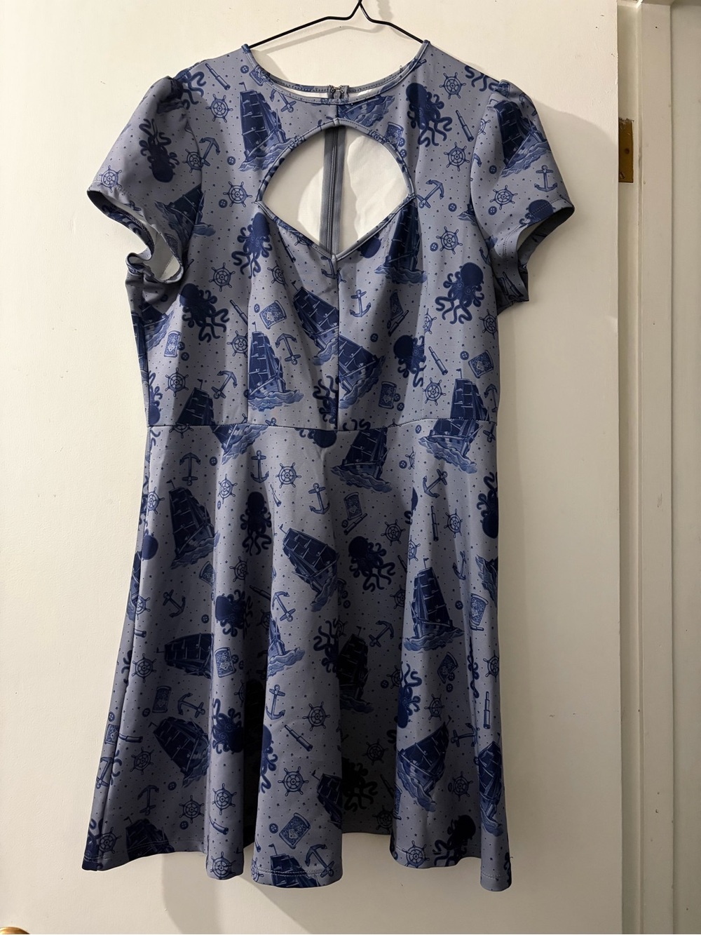 Navy Nautical Print Fit-and-Flare Dress with Keyhole Back